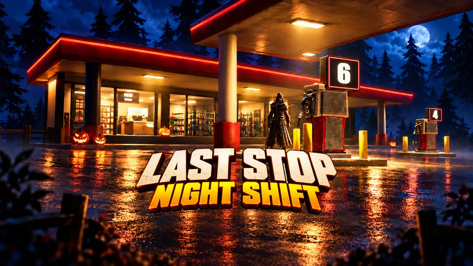 LAST STOP: NIGHT SHIFT — a figure waits beside pump six at a forest gas station.