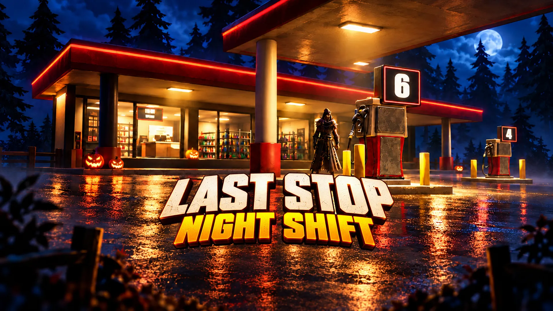 LAST STOP: NIGHT SHIFT — postać czeka przy dystrybutorze numer sześć na leśnej stacji paliw.